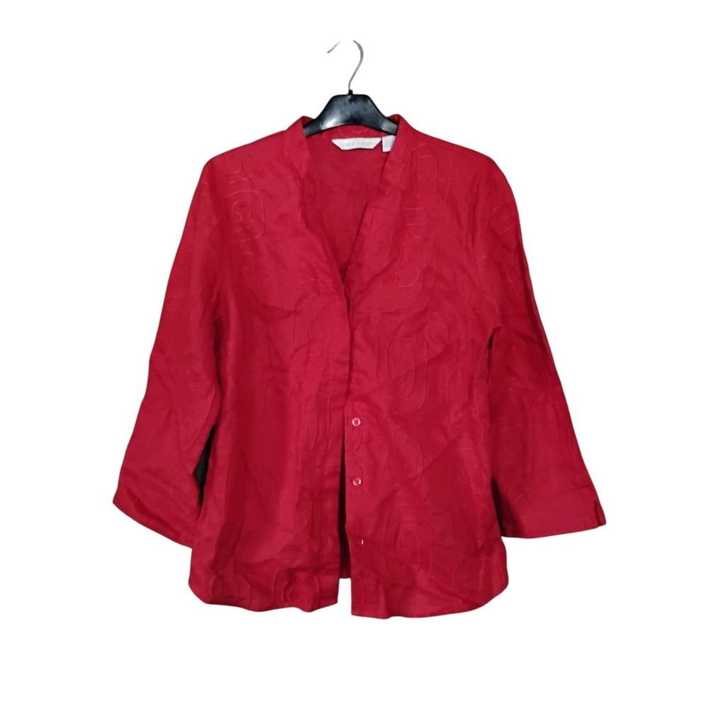 Tweeds Womens Red 100% Linen Embroidered Swirl Button Down Shirt Large Mandarin